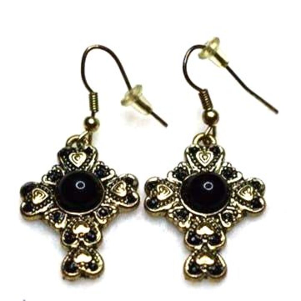 Renaissance Unique Heart Cross Gold Tone Black Rhinestone Hook Earrings Like New